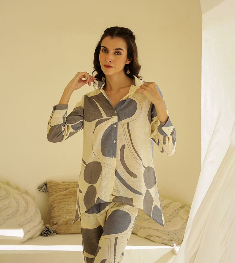 Printed Spread Collar Shirt and Trouser Set