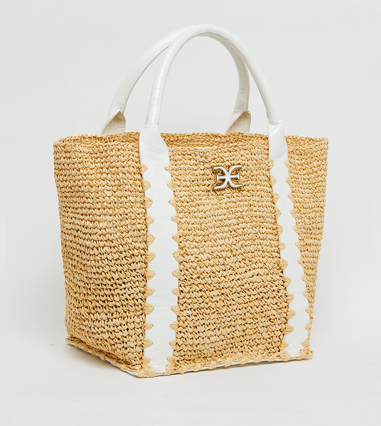 MARLEY Contrast Trim Raffia Mini Tote Bag