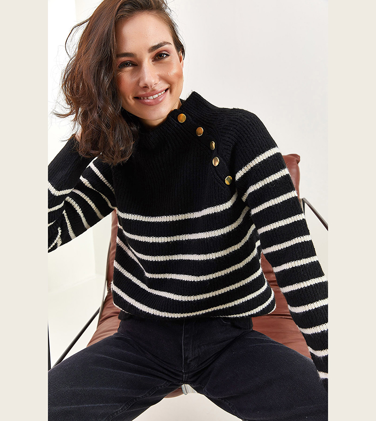 Striped Button Detail Long Sleeves Sweater