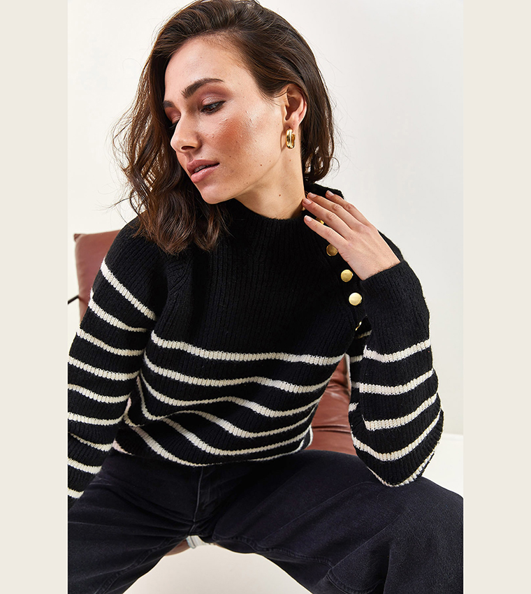 Striped Button Detail Long Sleeves Sweater