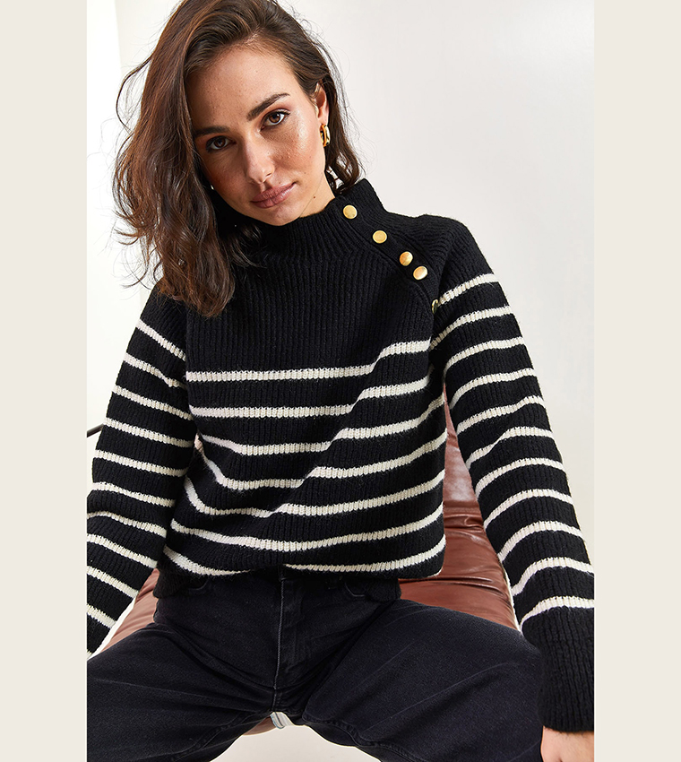 Striped Button Detail Long Sleeves Sweater