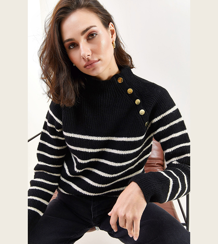 Striped Button Detail Long Sleeves Sweater