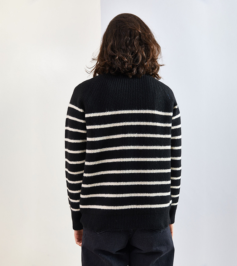 Striped Button Detail Long Sleeves Sweater