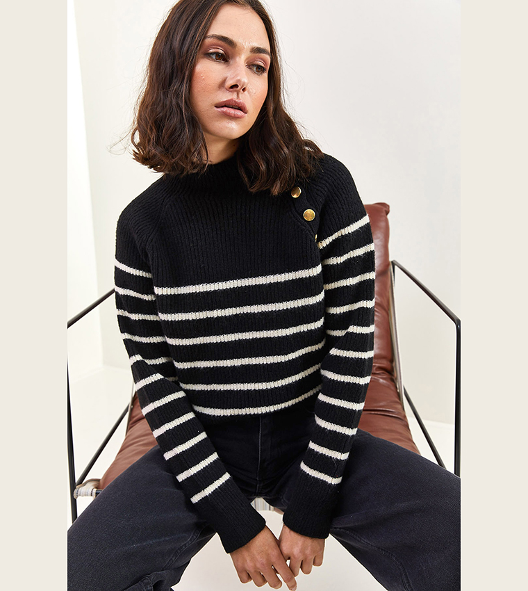 Striped Button Detail Long Sleeves Sweater