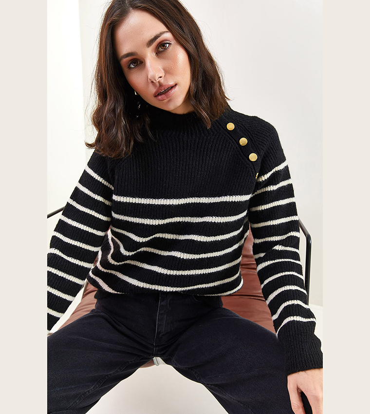 Striped Button Detail Long Sleeves Sweater