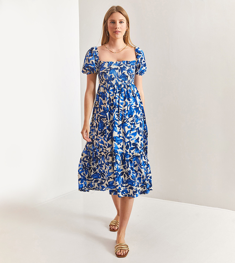 Floral Print Smocked Flared Dress