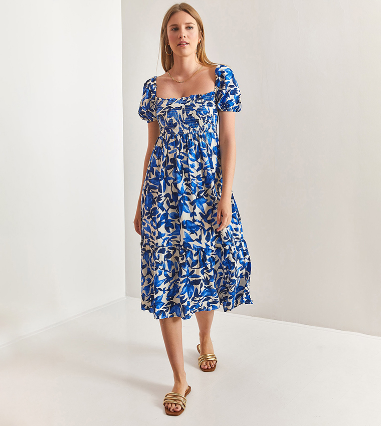 Floral Print Smocked Flared Dress