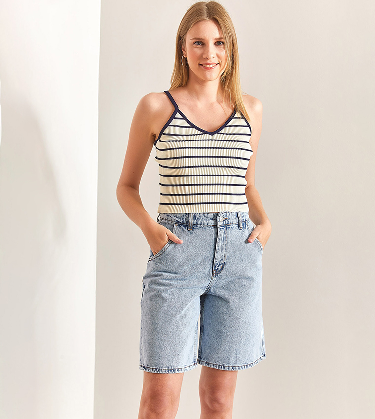 Buy Bianco Lucci Faded Button Closure Denim Shorts In Blue