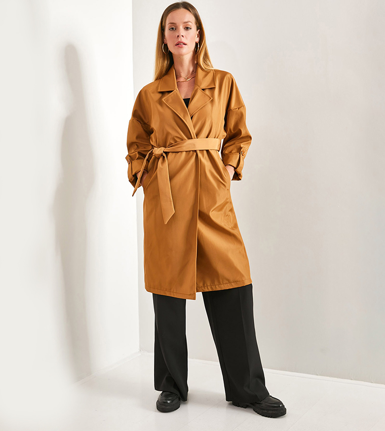 Buy Bianco Lucci Belted Lapel Collar Trench Coat In Mustard 6thStreet UAE