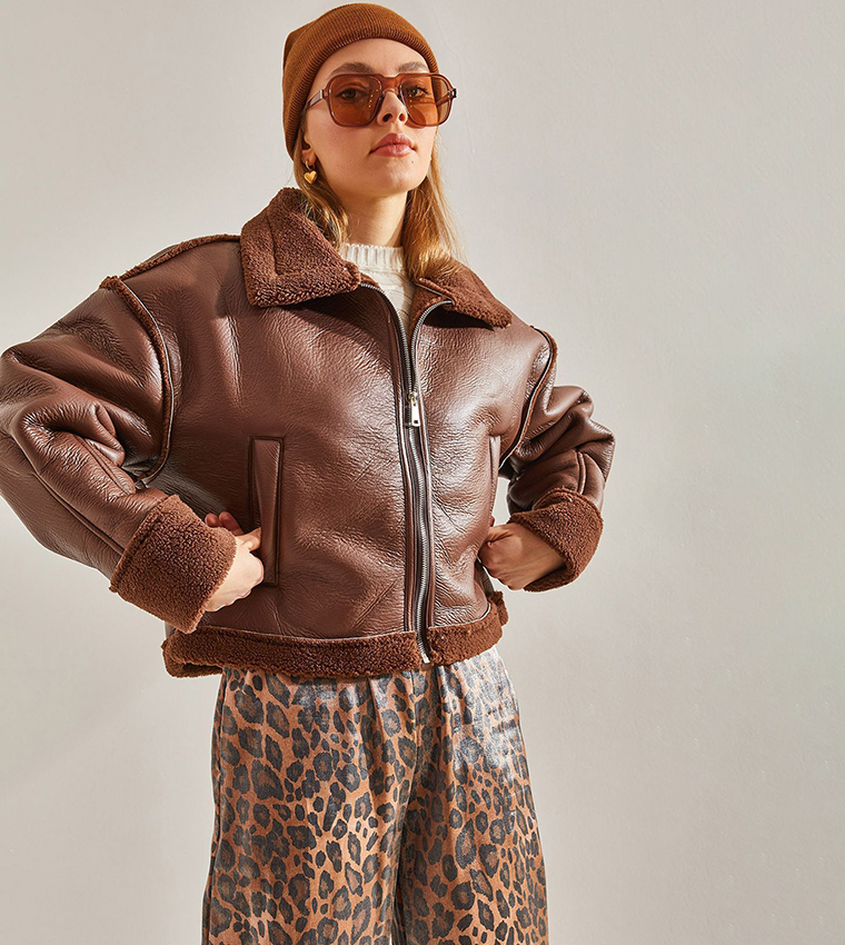 Buy Bianco Lucci Pleated Detail Laminated Leather Jacket In Brown