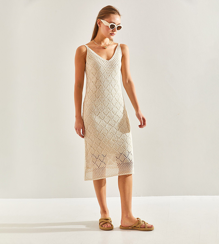 Buy Bianco Lucci Glittered Strappy Knit Dress In Ecru | 6thstreet Qatar