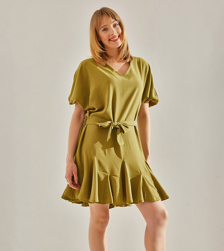 Belted Short Sleeves Flared Mini Dress