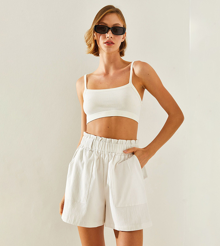 Buy Bianco Lucci Crinkled Elastic Waist Bermuda Shorts In White
