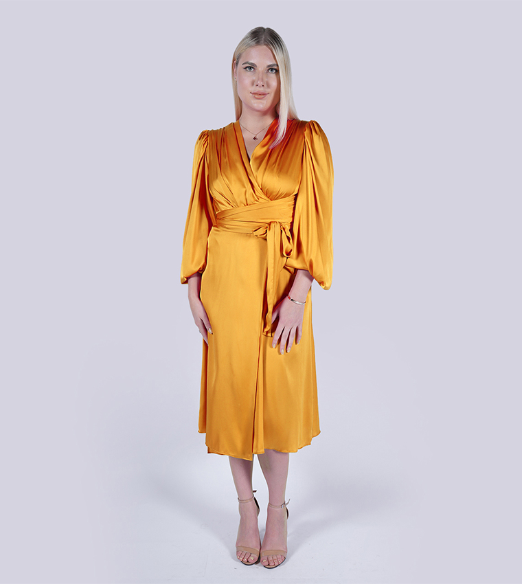 Orange silk shop wrap dress