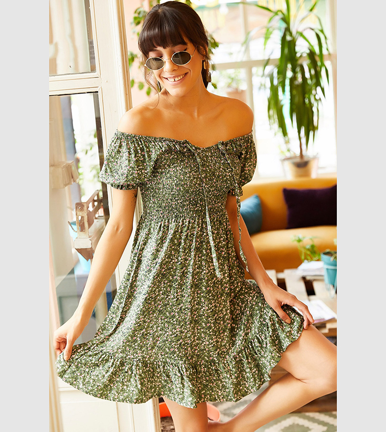Green floral off shoulder dress clearance