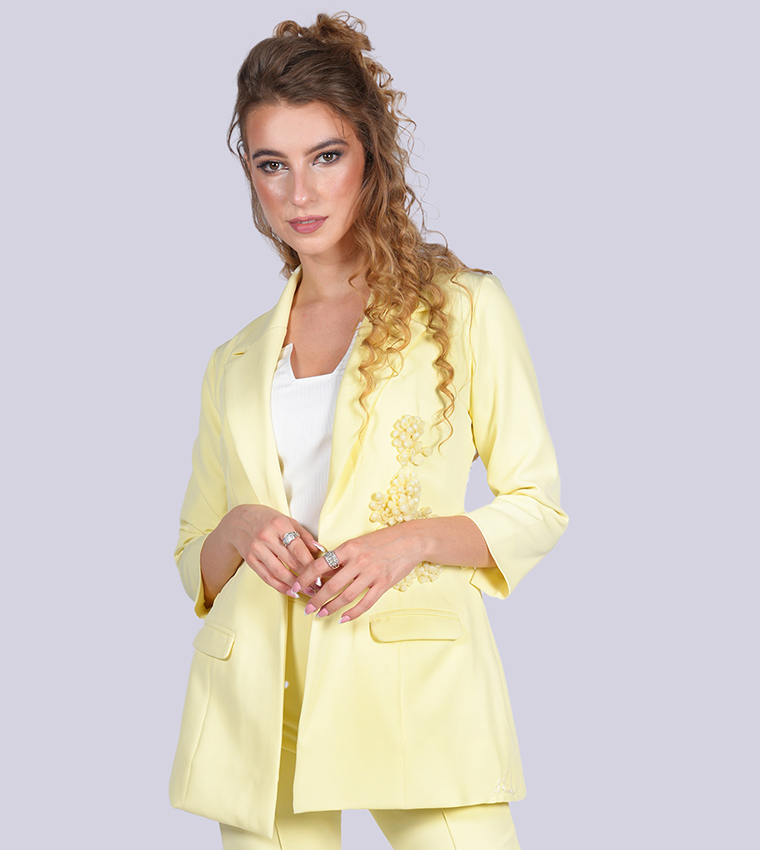 Buy Niva Embellished Notched Lapel Front Open Longline Blazer In Yellow 6thStreet Qatar