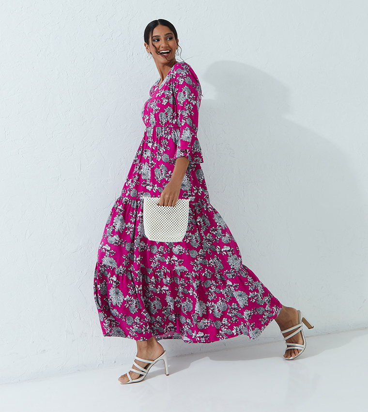 Buy Aeropostale Aero Floral Printed Twill Viscose Maxi Dress With Frilled  Sleeves In Pink | 6thstreet Qatar