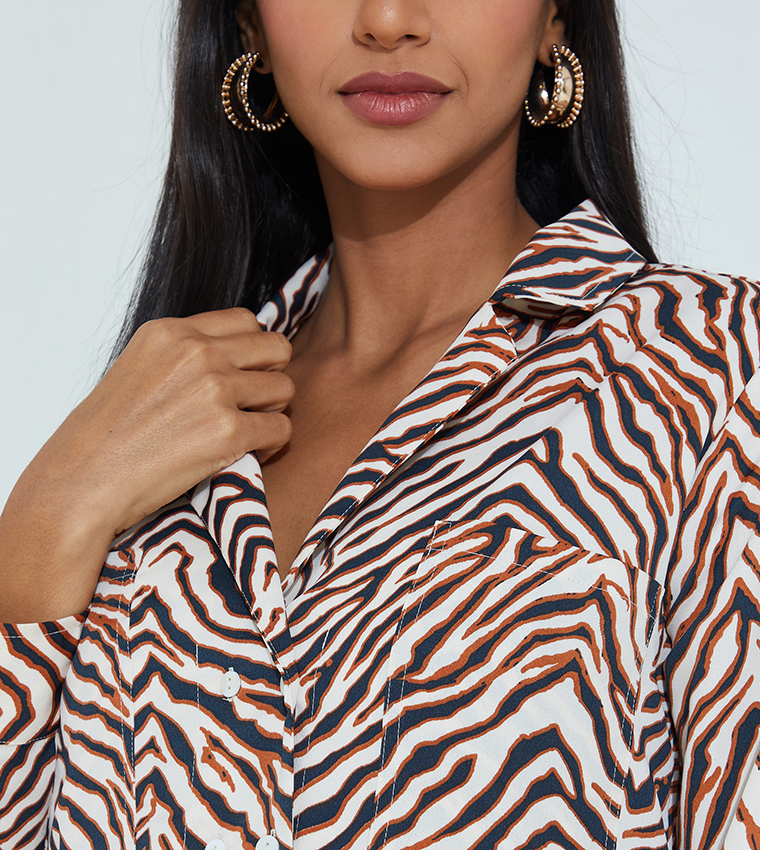 Printed Double-Breasted Satin Shirt