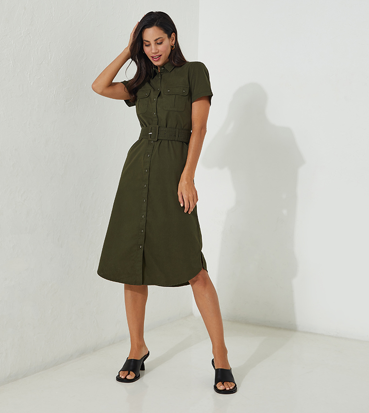 Buy Aeropostale Aero Solid Midi Belted Shirt Dress In Green 6thStreet Bahrain