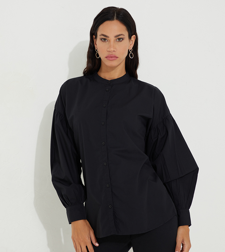 Solid Lantern Sleeve Woven Shirt