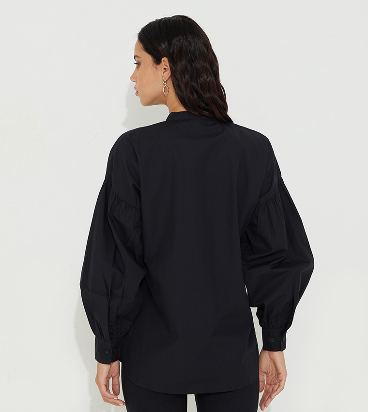Solid Lantern Sleeve Woven Shirt