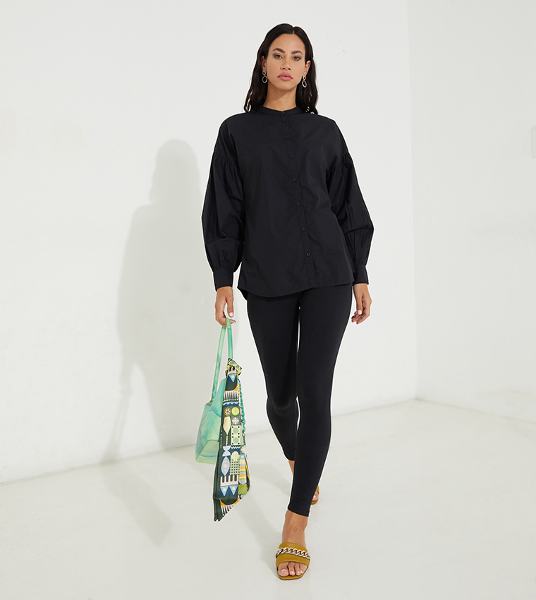 Solid Lantern Sleeve Woven Shirt