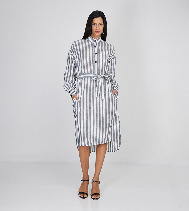 Aero Girls Yarn Dyed Striped Long Sleeves Midi Dress