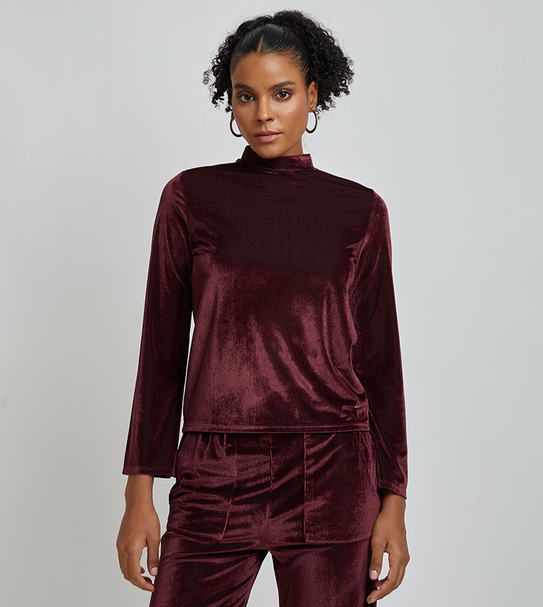 Burgundy mock neck top sales