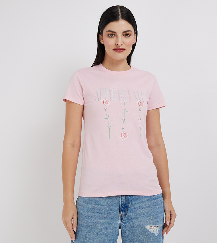 Buy Aeropostale Aero Women Stone Work Regular Fit T Shirt In Pink