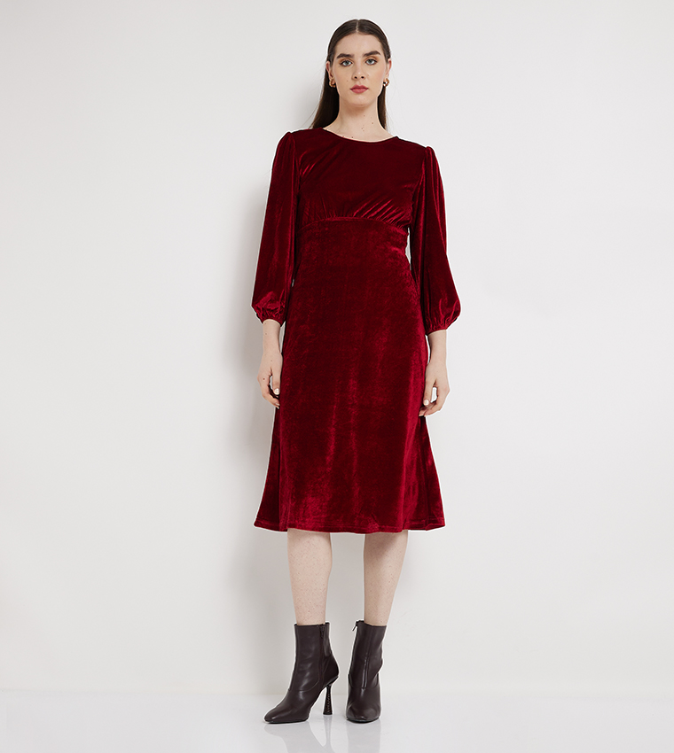 Buy Aeropostale Aero Women Round Neck Velvet Midi Dress In Burgundy 6thStreet Oman