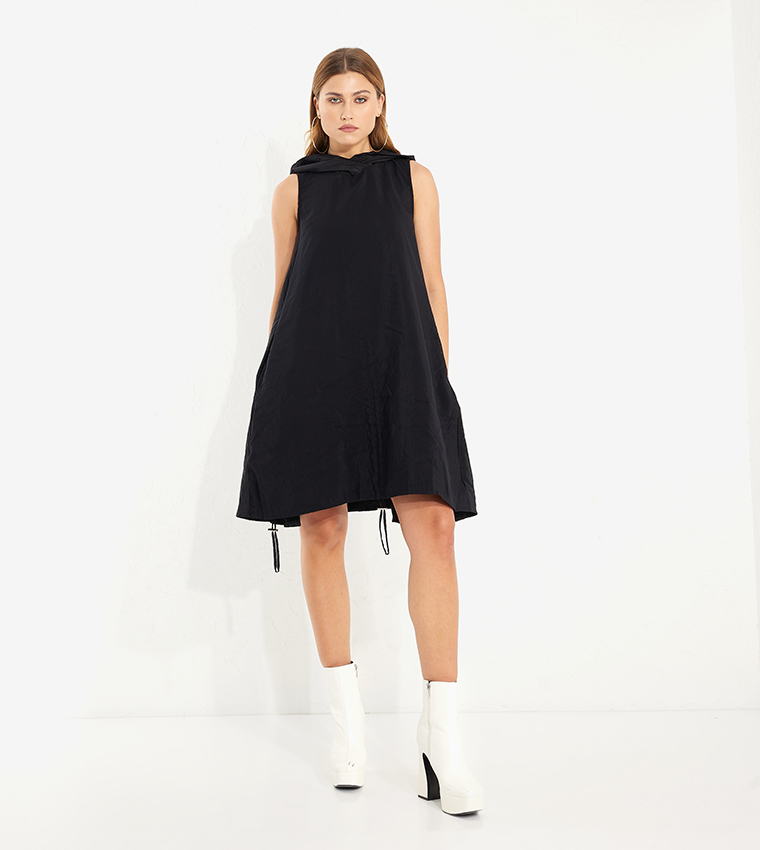 Solid Hooded Sleeveless Dress