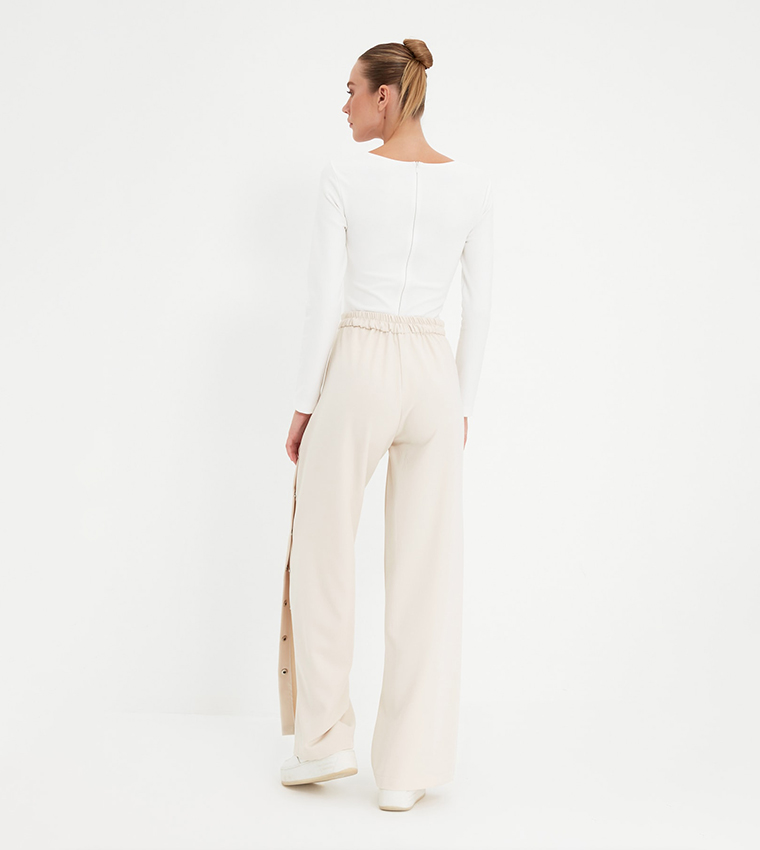 Buy Trendyol Side Snaps Wide Leg Trousers In STONE