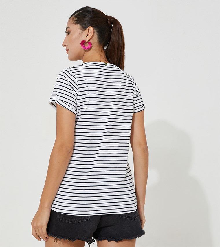 Typography Printed & Striped T-Shirt