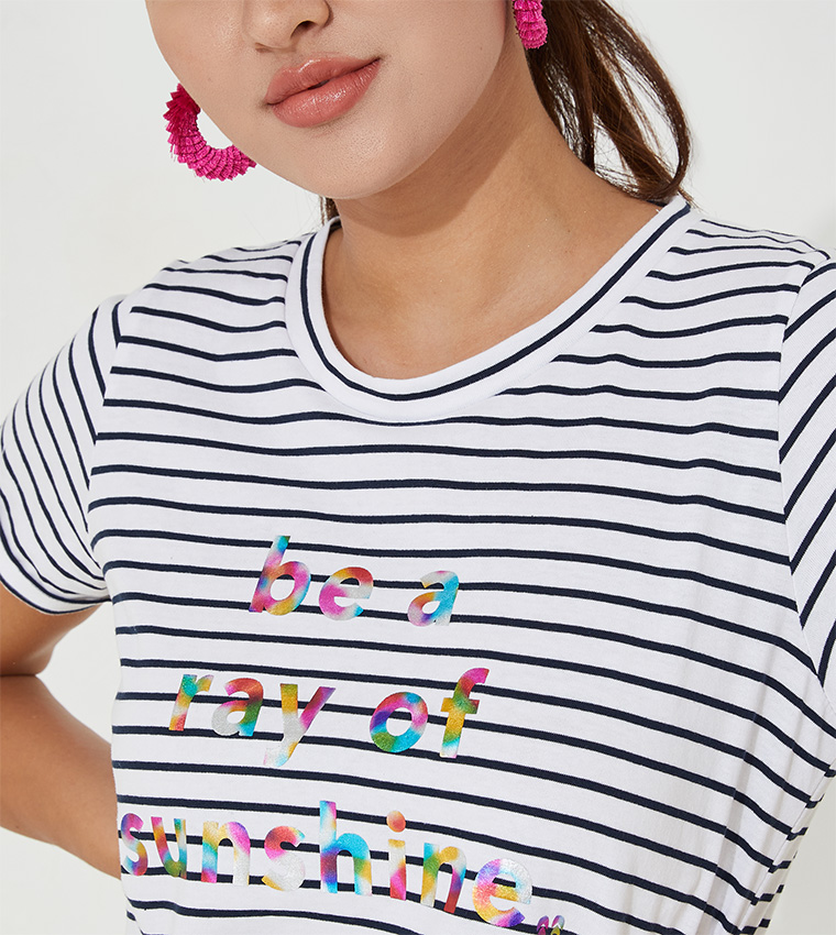 Typography Printed & Striped T-Shirt