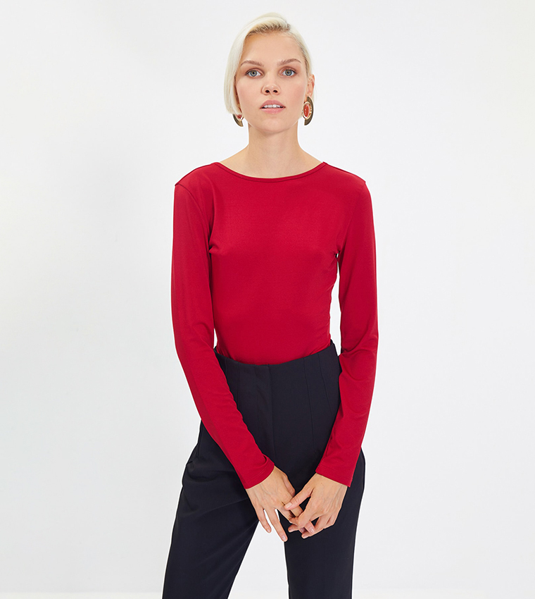 Buy Trendyol Low Cut Back Knitted Bodysuit In Red