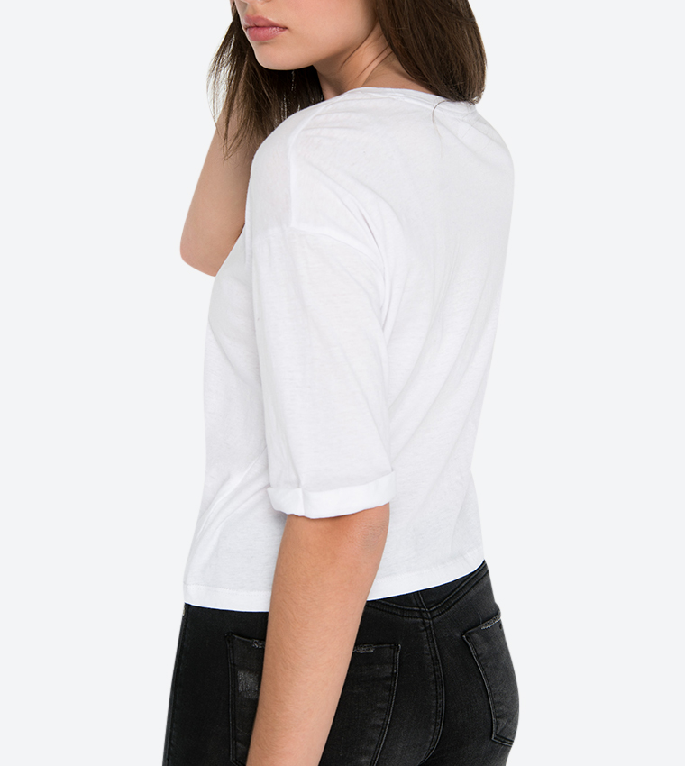 Loose Graphic Semi-Cropped T-Shirt - White