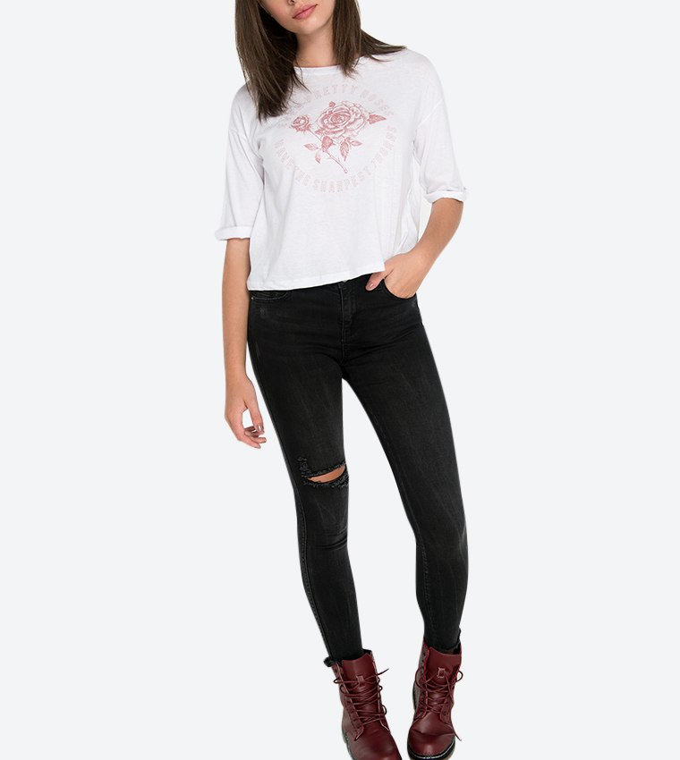 Loose Graphic Semi-Cropped T-Shirt - White