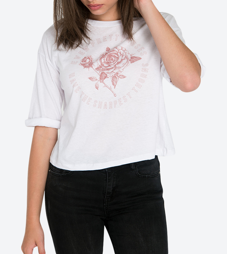 Loose Graphic Semi-Cropped T-Shirt - White