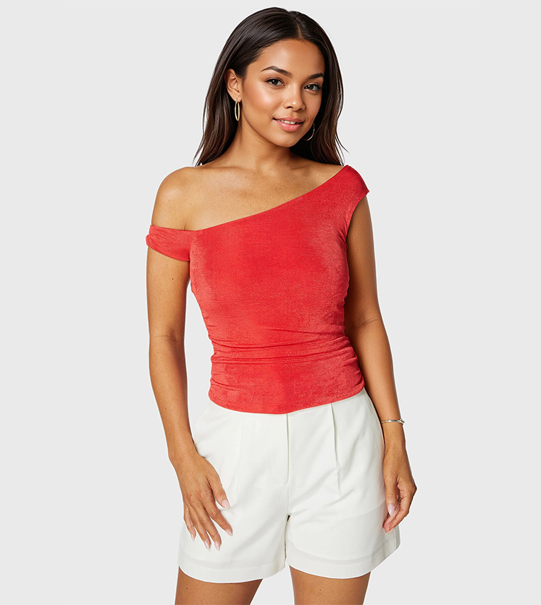 Ruched Asymmetric Shoulder Knit Top