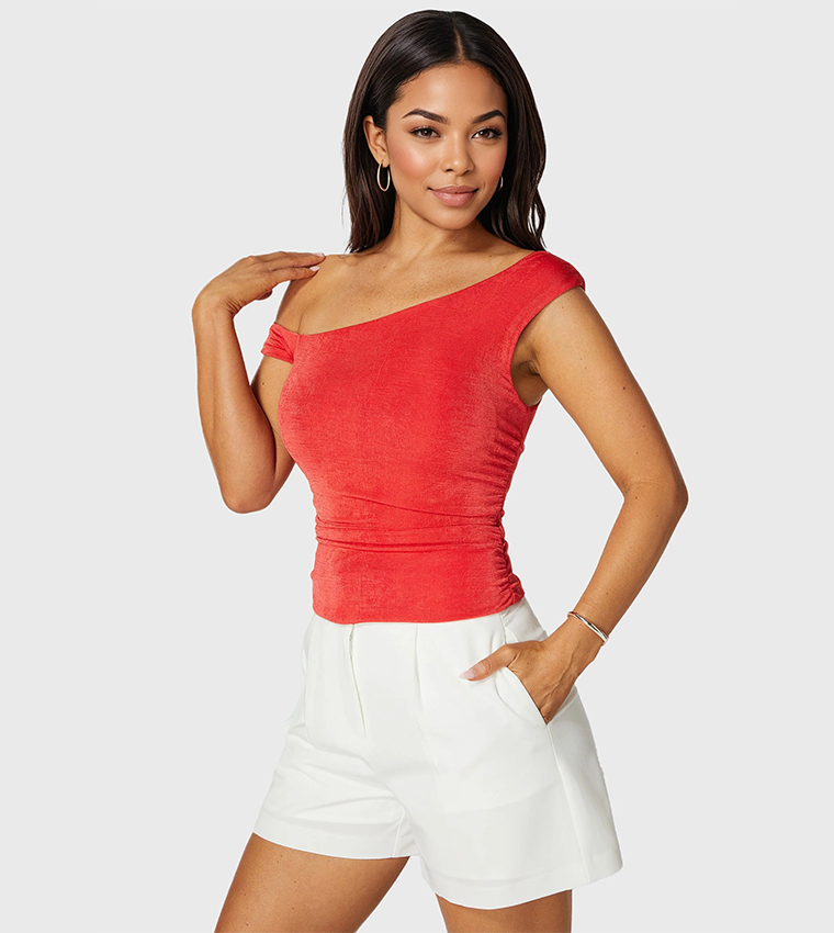 Ruched Asymmetric Shoulder Knit Top