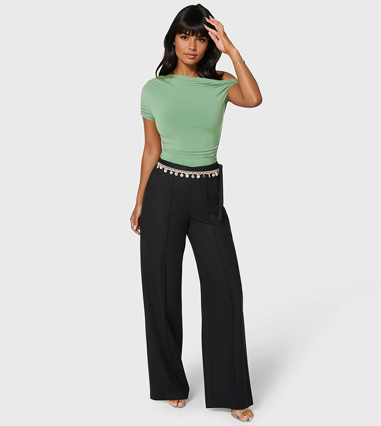 Beaded Waist Straight Fit Linen Pants