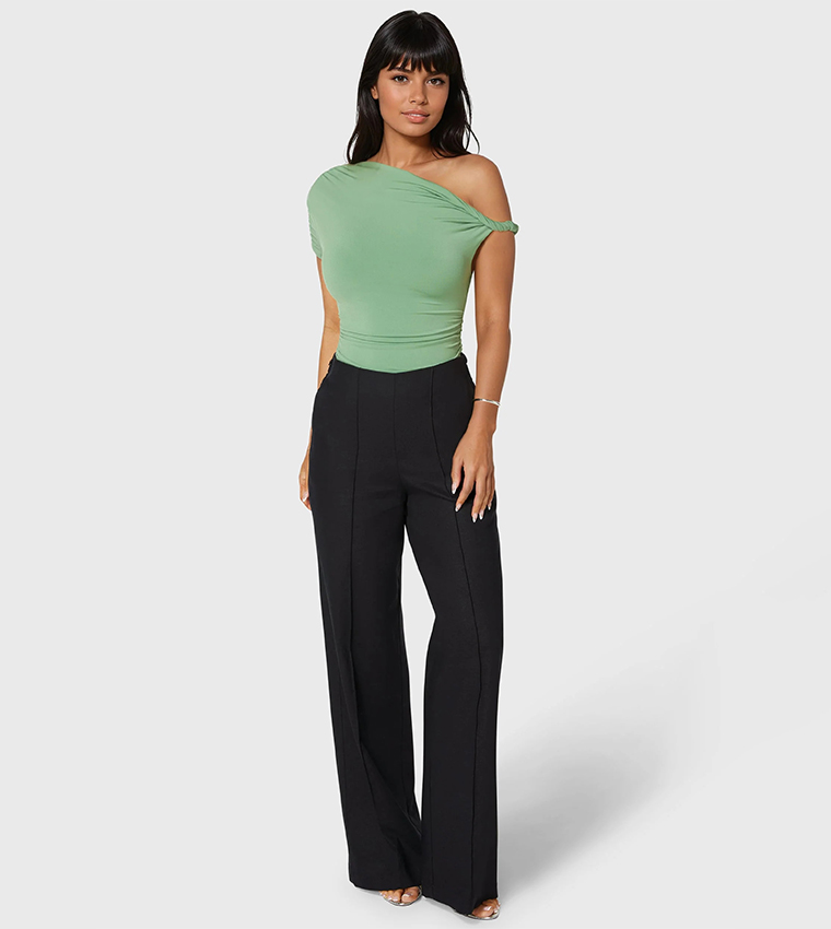 Beaded Waist Straight Fit Linen Pants