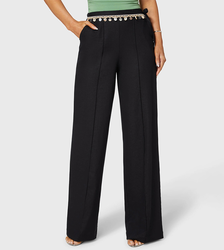 Beaded Waist Straight Fit Linen Pants