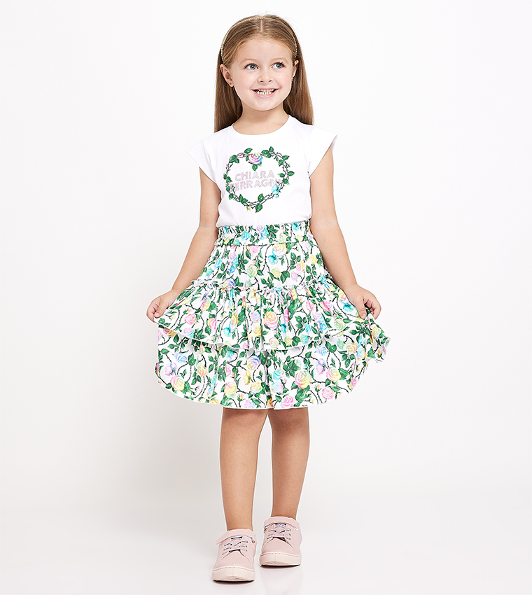 Floral Printed Elastic Waist Layered Skirt
