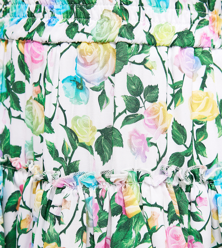 Floral Printed Elastic Waist Layered Skirt