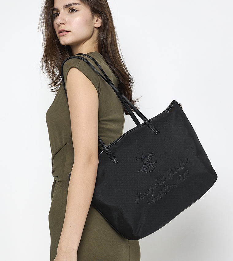 Logo Embroidered Zippered Shoulder Bag