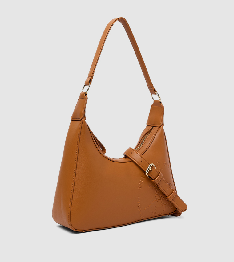 Logo Embossed Zippered Shoulder Bag
