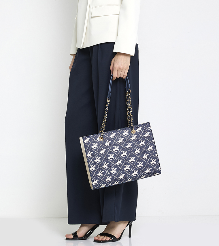 Logo Patterned Zippered Shoulder Bag