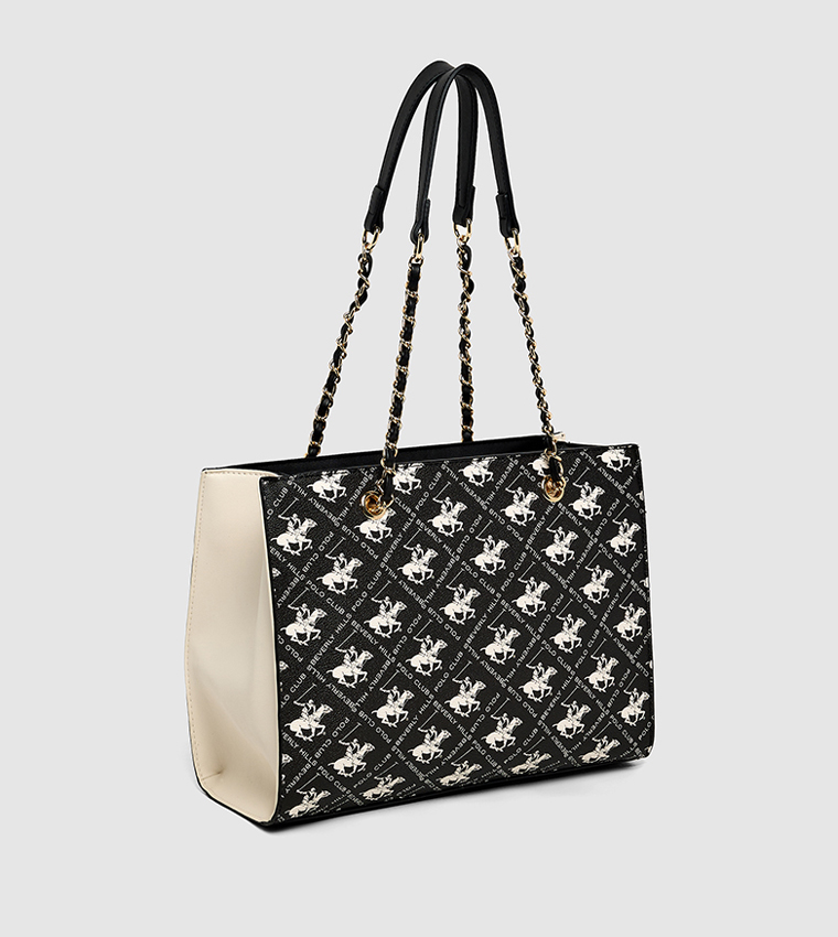 Logo Patterned Zippered Shoulder Bag