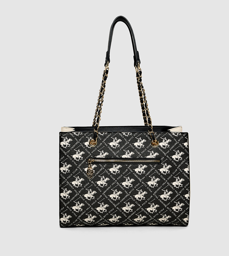 Logo Patterned Zippered Shoulder Bag